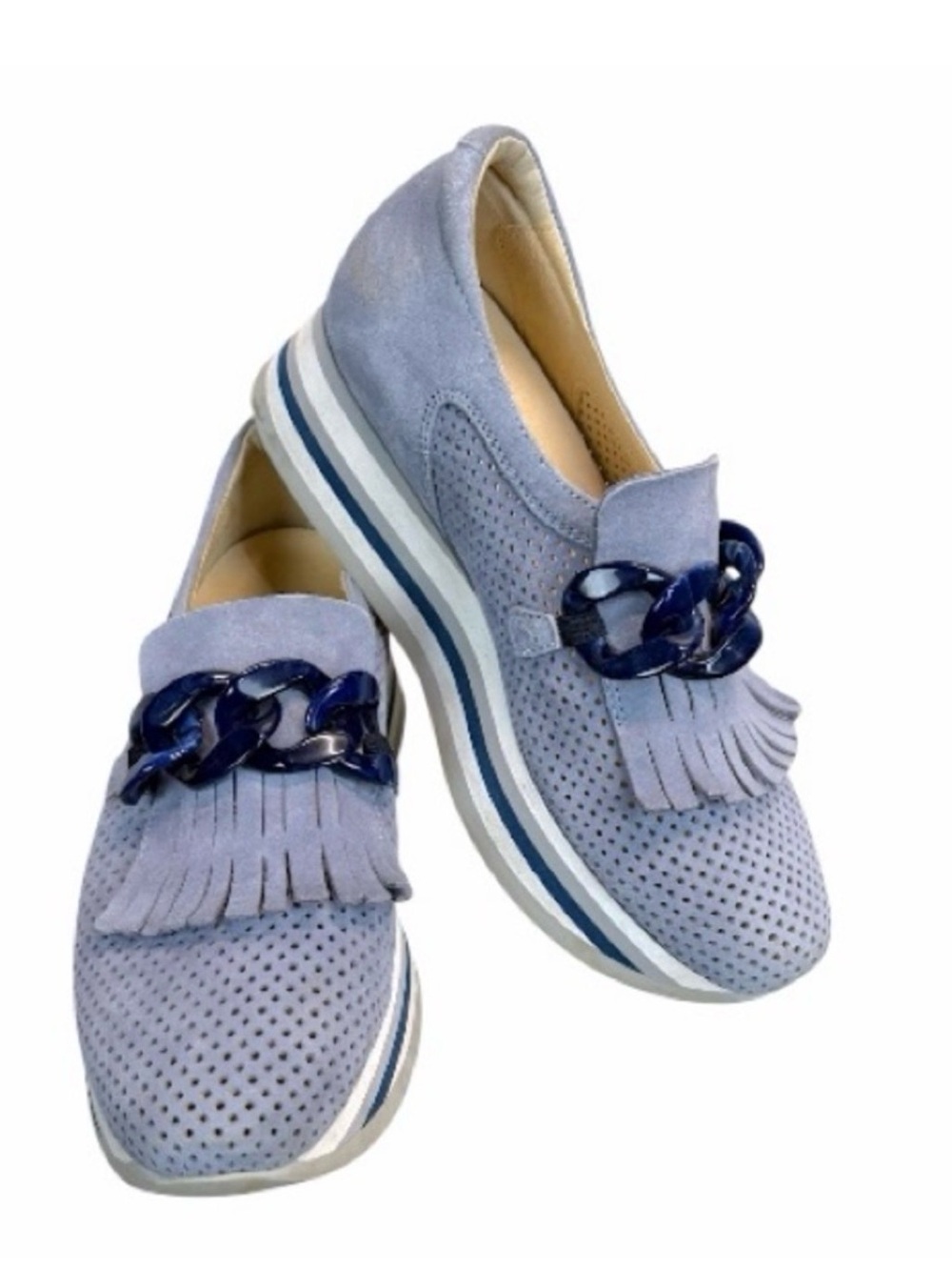 Light Blue Suede Fringe Loafers with Navy Chain Accent